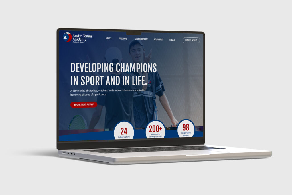 Austin Tennis Academy website shown in a design mockup.