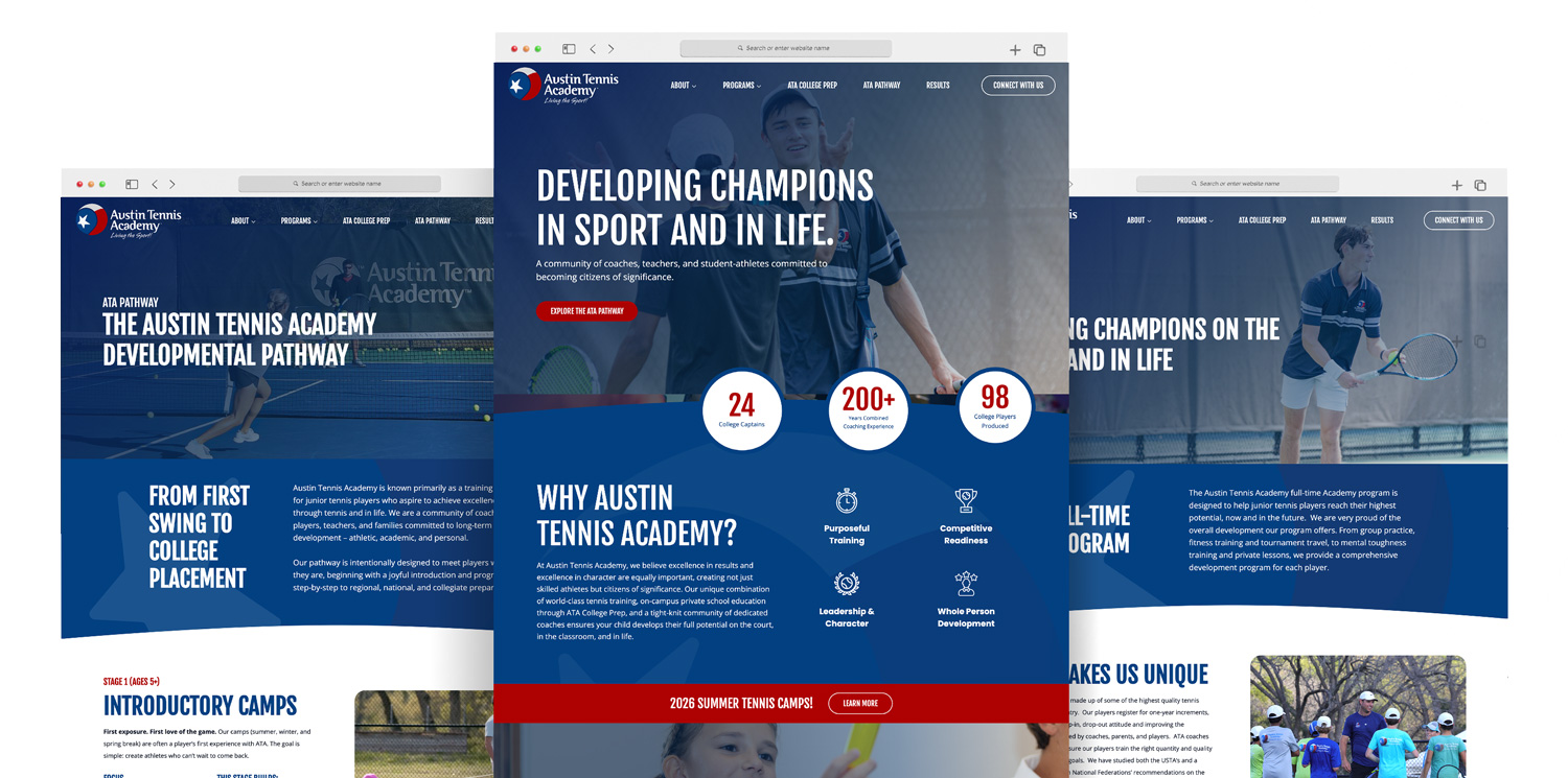 Austin Tennis Academy website shown across multiple screens.