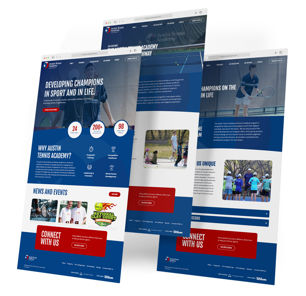 Austin Tennis Academy website shown across multiple screens.