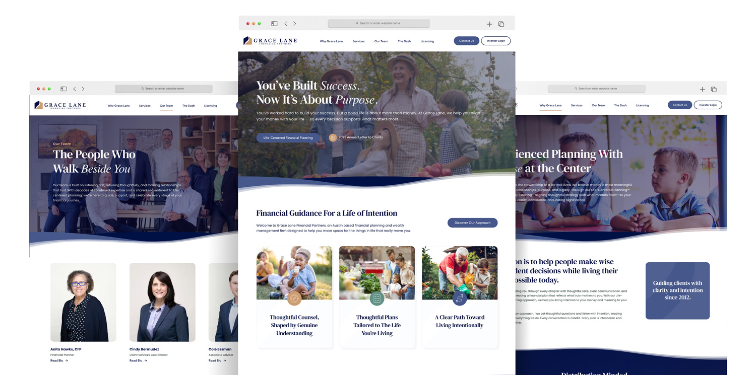 Grace Lane Financial Partners website shown across multiple screens.