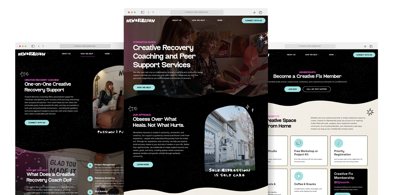 New Obsession website shown across multiple screens.