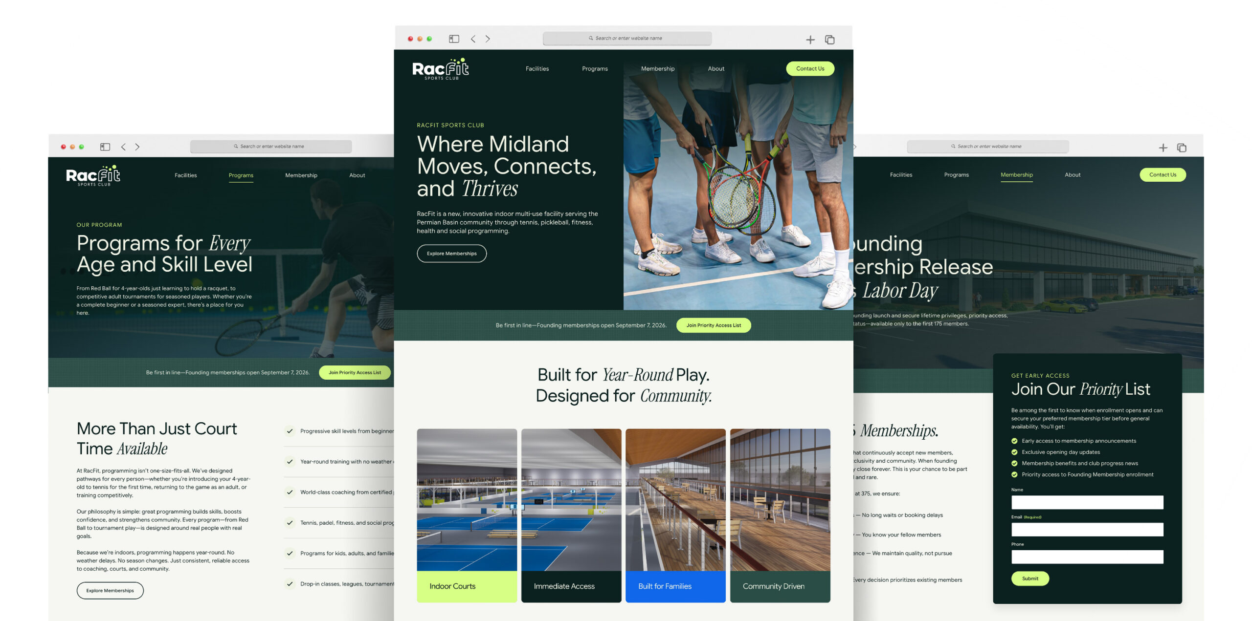 RacFit Sports Club website shown across multiple screens.