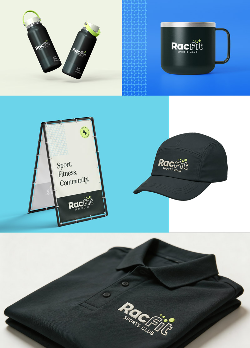 RacFit Sports Club logo usage examples.