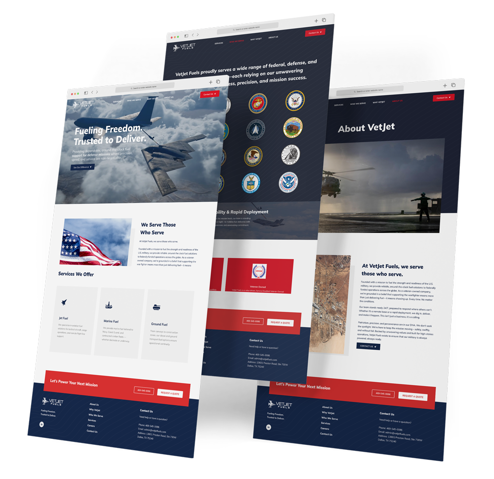 VetJet Fuels website shown across multiple screens.