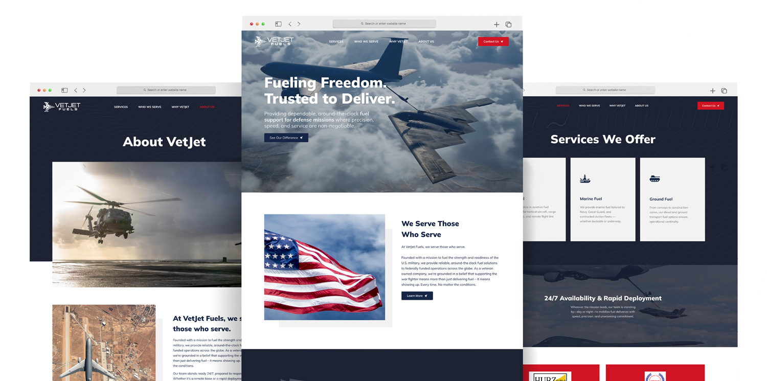 VetJet Fuels website shown across multiple screens.
