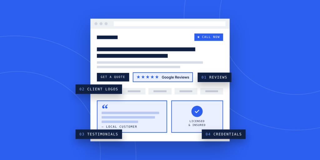 Illustration: website trust signals on a small business homepage